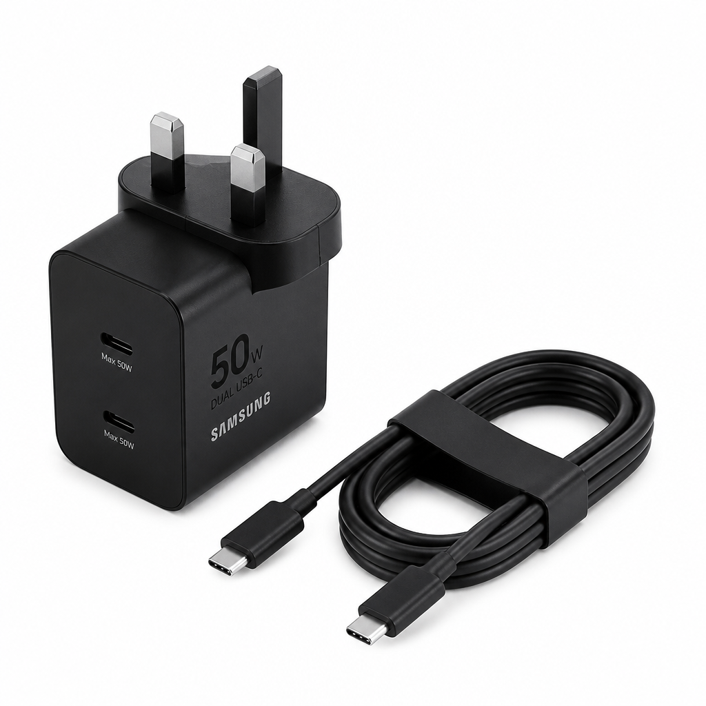 Samsung 50W Power Adapter Duo – Dual USB-C + Cable (UK Plug)